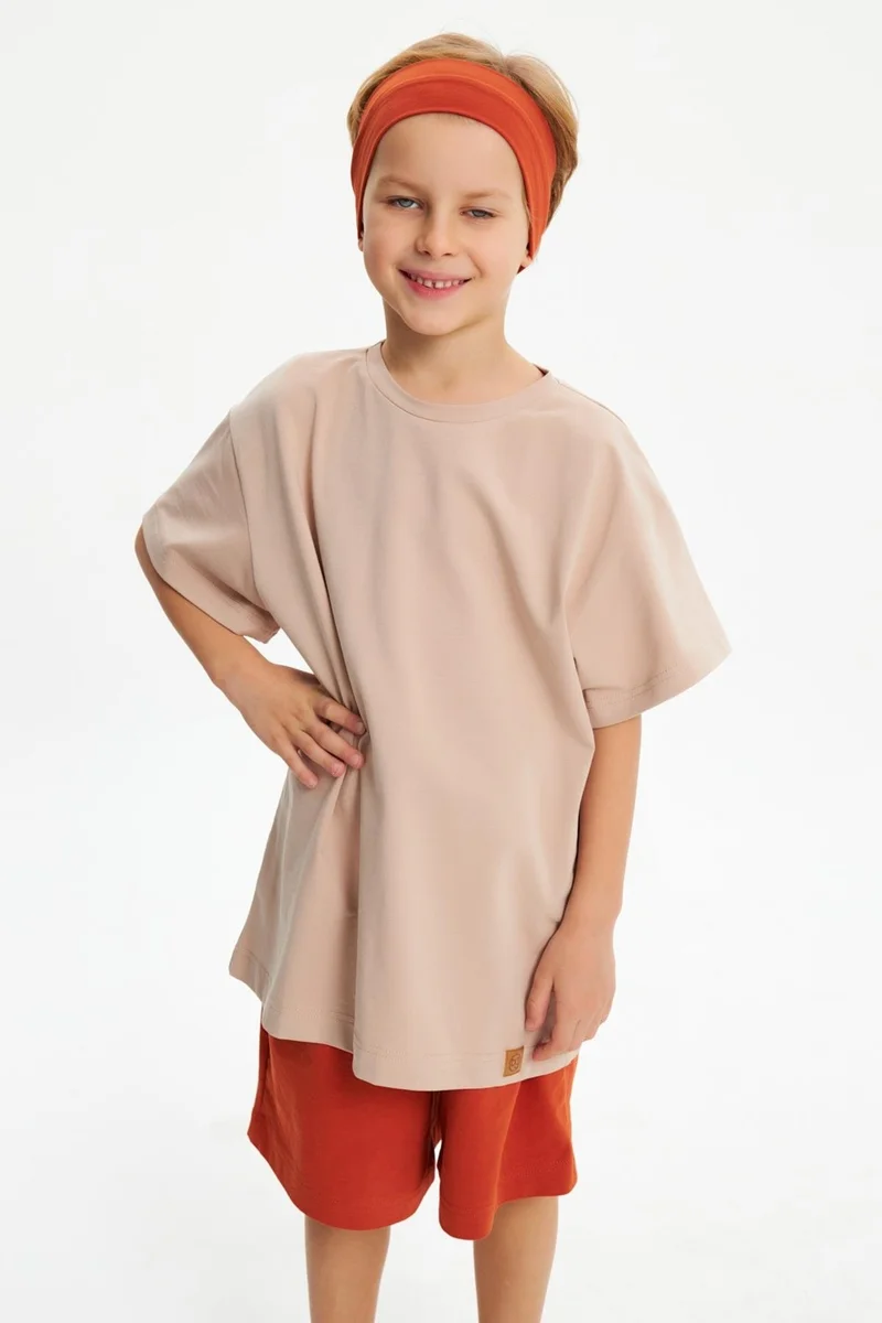 بيبيجيز Tile-S.coffee Boy's Cotton Combed Oversize Gray T-Shirt Navy Blue Bandana 2-Piece Set