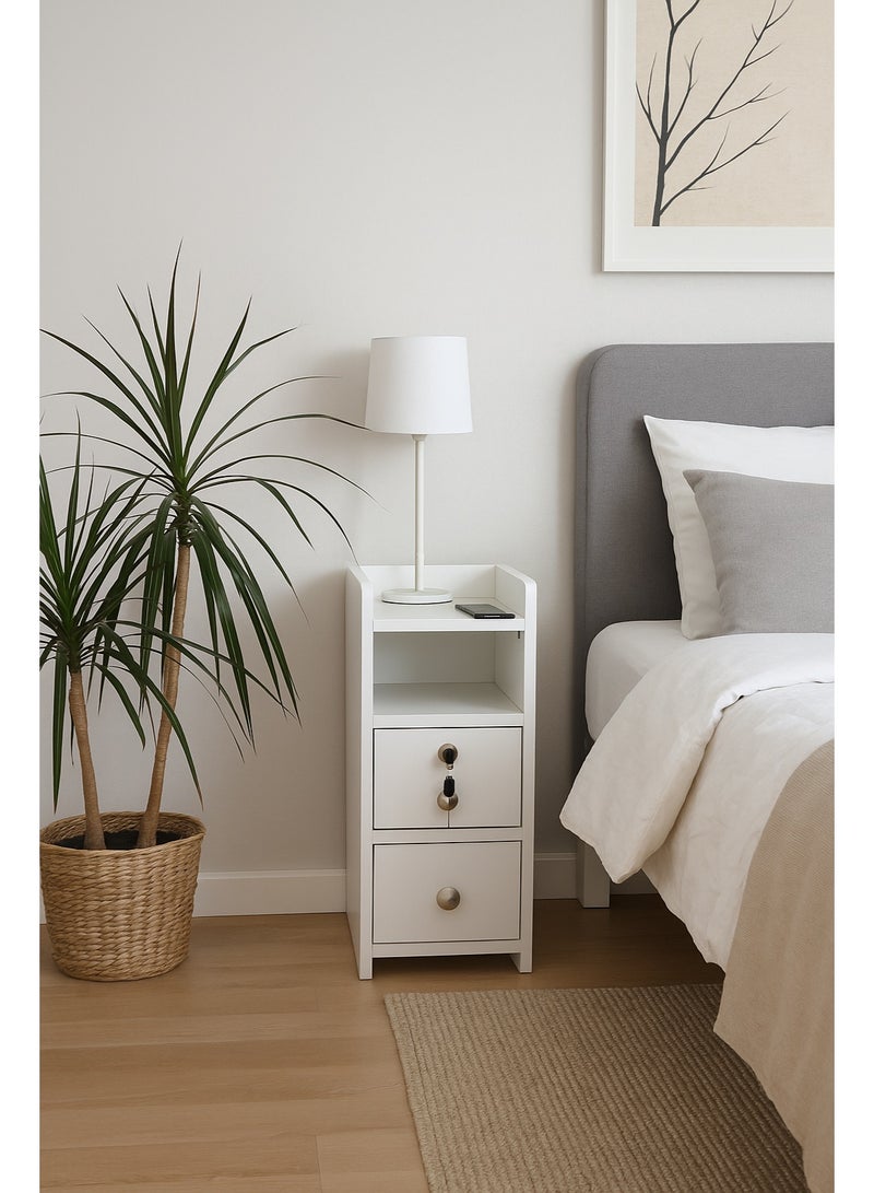 AFT Slim Minimalist Design Tall Nightstand /bedside Table / Mid Century Modern Design bedside table / Nightstand with 2 Drawers and Sturdy MDF Frame, Perfect for Modern Bedroom and living room Space, Ideal for small spaces, it combines functionality with style, offering storage without taking up much room. (White) Arfan - Image 2