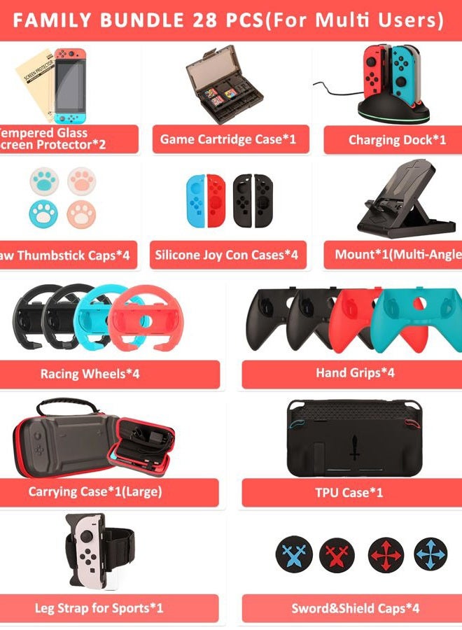 Arisll Switch Accessories - Family Bundle Accessories for Nintendo Switch, Carry Case& Screen Protector,4 Pack Joy Con Grips and Steering Wheels, Dockable Case Cover,Stand Mount,Joy Con Charger and More. - Image 2