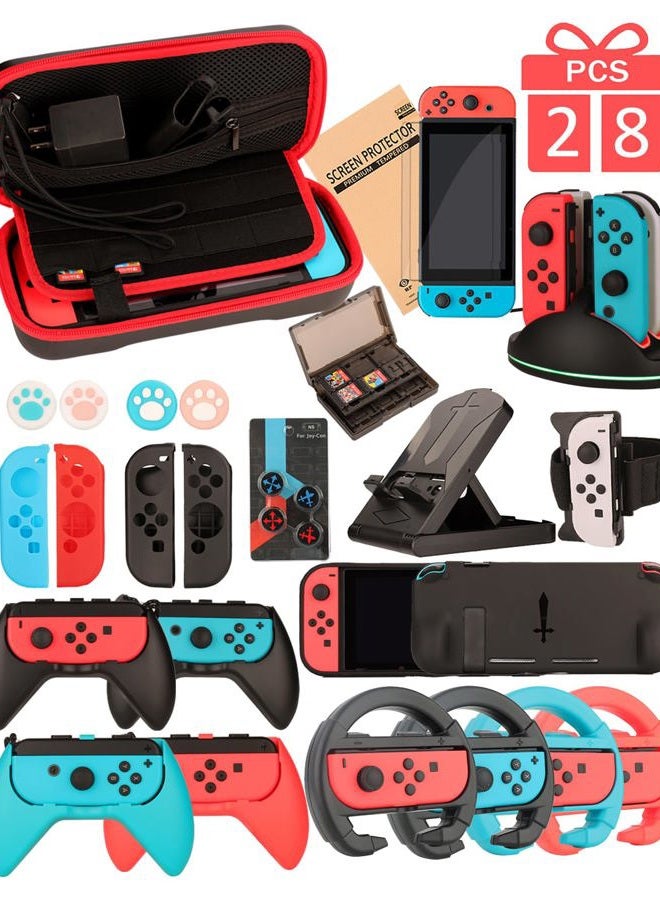 Arisll Switch Accessories - Family Bundle Accessories for Nintendo Switch, Carry Case& Screen Protector,4 Pack Joy Con Grips and Steering Wheels, Dockable Case Cover,Stand Mount,Joy Con Charger and More. - Image 1