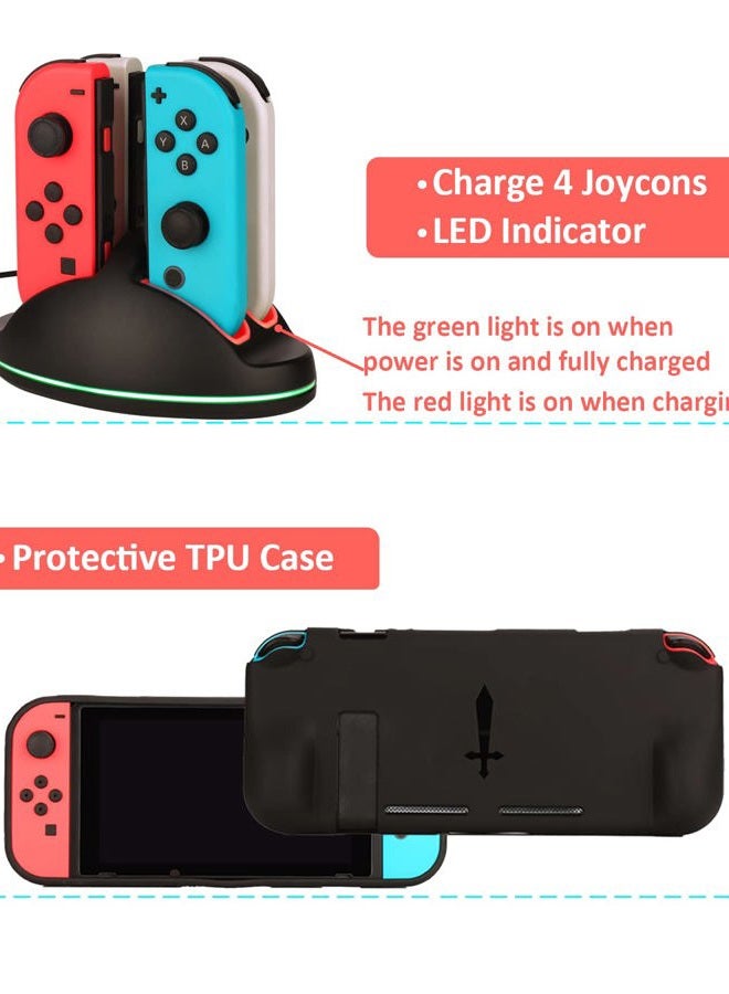 Arisll Switch Accessories - Family Bundle Accessories for Nintendo Switch, Carry Case& Screen Protector,4 Pack Joy Con Grips and Steering Wheels, Dockable Case Cover,Stand Mount,Joy Con Charger and More. - Image 4