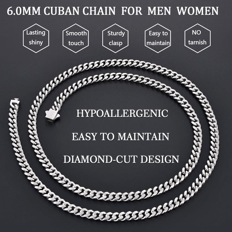 Fiusem 6mm Silver Colored Chains for Men, Silver Plated Cuban Link Chain Necklace for Men and Women, Stainless Steel Necklaces 20 Inch - Image 5
