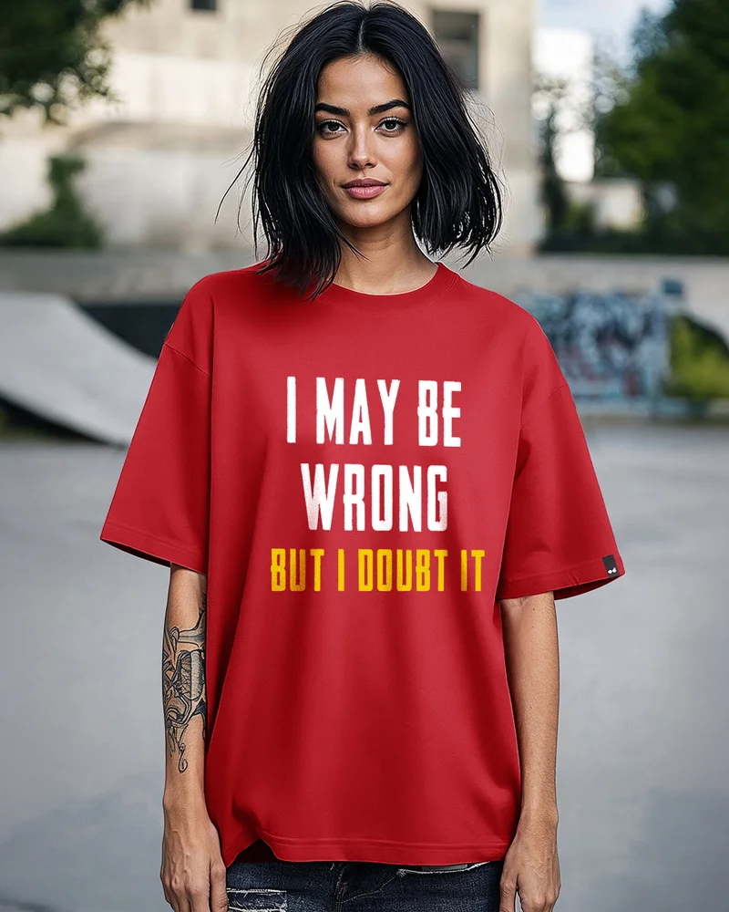 bewakoof Women's Bold Red Wrong Doubt Typography Oversized T-shirt
