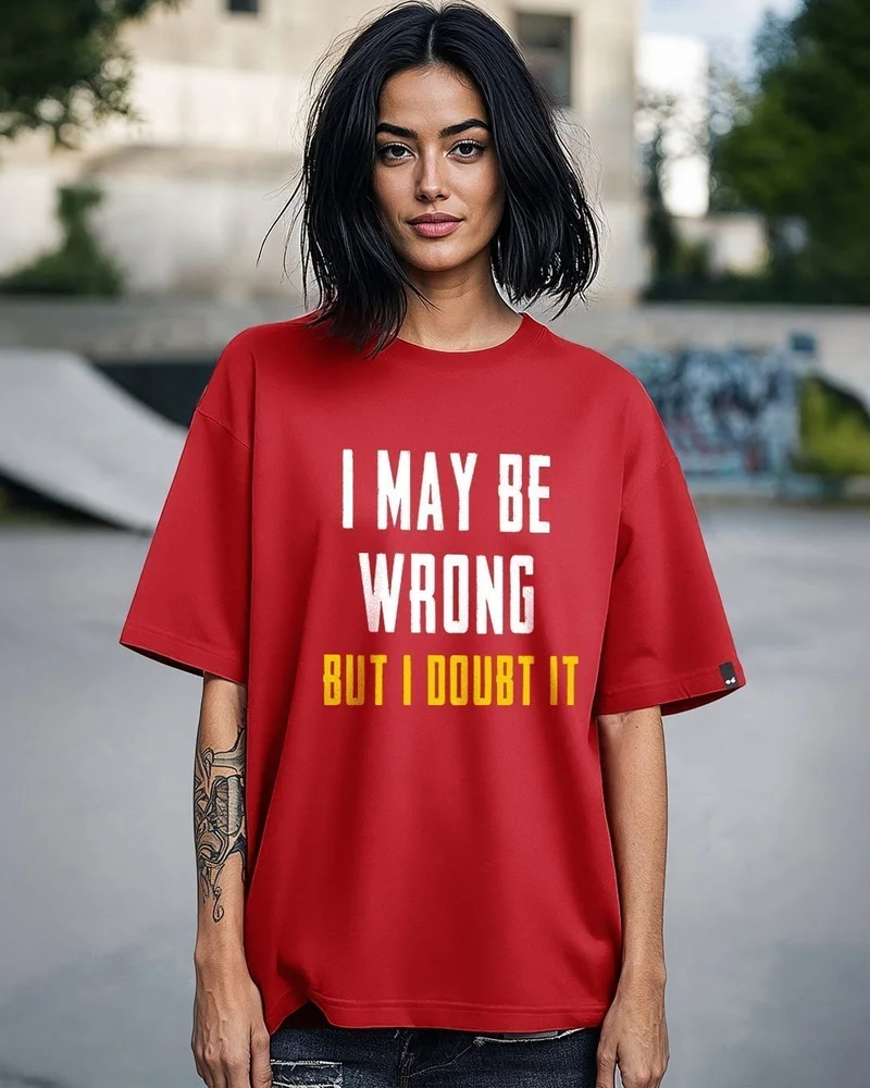 bewakoof Women's Bold Red Wrong Doubt Typography Oversized T-shirt