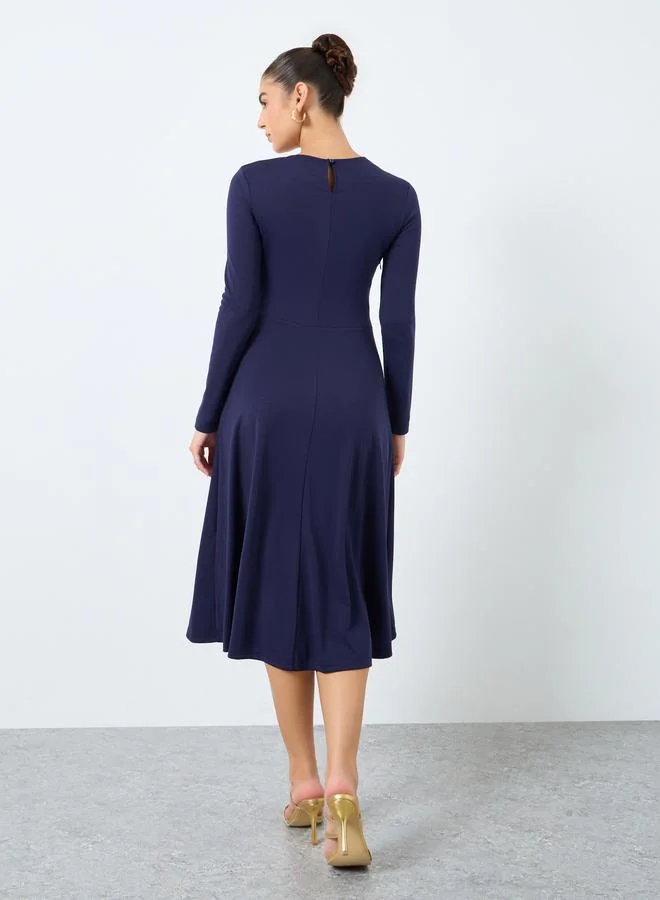 Styli Styli Navy Blue Midi Dress with Buttons Detail