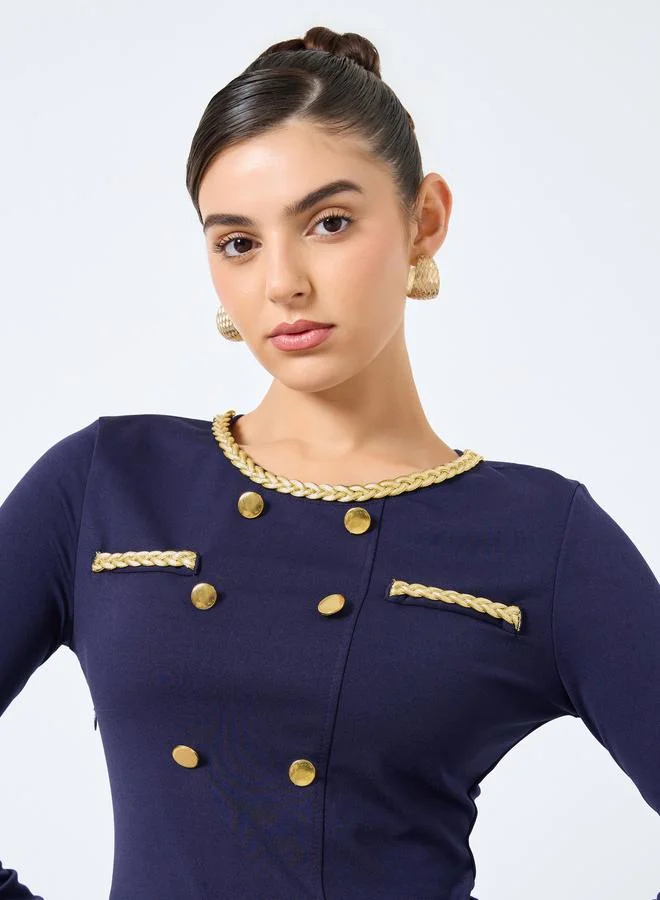 Styli Styli Navy Blue Midi Dress with Buttons Detail