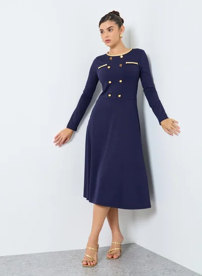 Styli Styli Navy Blue Midi Dress with Buttons Detail