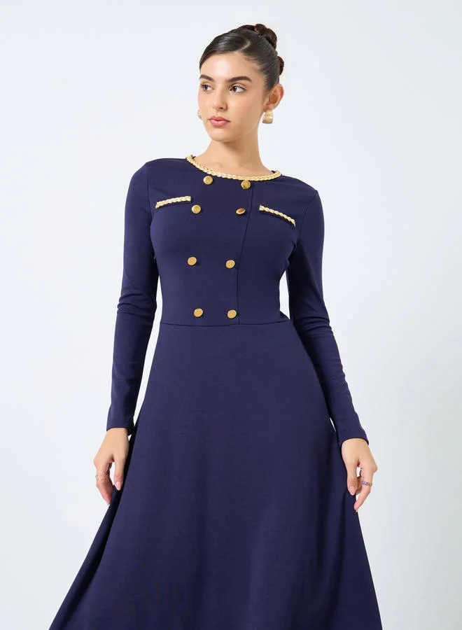 Styli Styli Navy Blue Midi Dress with Buttons Detail