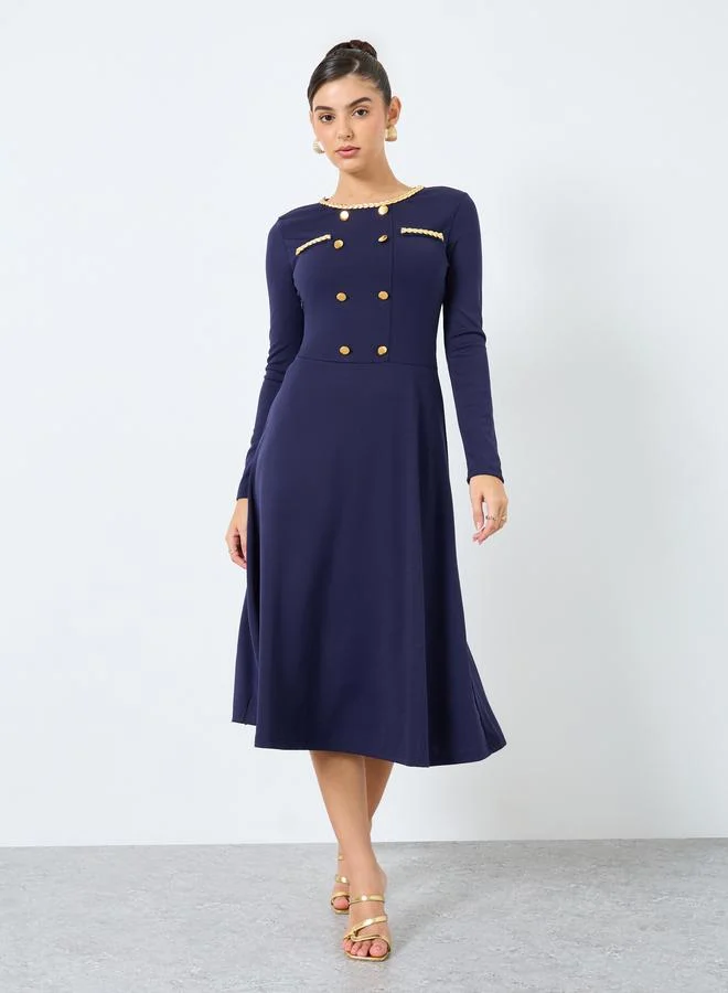 Styli Styli Navy Blue Midi Dress with Buttons Detail