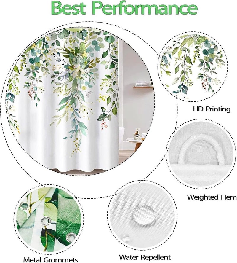 YARDHOBI Shower Curtain, Sage Green Eucalyptus Shower Curtain, Watercolor Plant Leaves with Floral Bathroom Decor Waterproof Fabric Shower Curtain Set with 12 Hooks, Waterproof Plant Shower Curtain, 72x72 Inch - Image 4