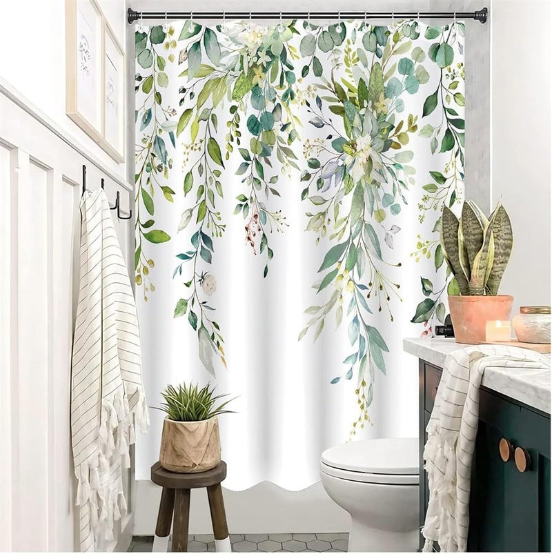 YARDHOBI Shower Curtain, Sage Green Eucalyptus Shower Curtain, Watercolor Plant Leaves with Floral Bathroom Decor Waterproof Fabric Shower Curtain Set with 12 Hooks, Waterproof Plant Shower Curtain, 72x72 Inch - Image 3