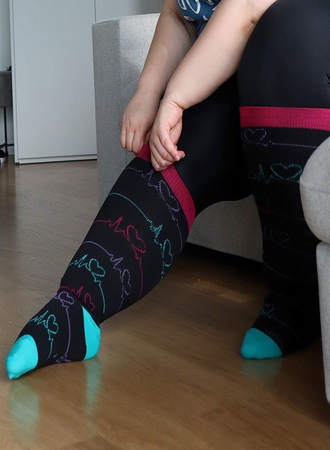 LEVSOX جوارب ضغط LEVSOX عريضة الساق للنساء والرجال، مقاس كبير جدًا، جوارب داعمة للممرضات، والجري، والحوامل، والسفر، ضغط 15-20 ملم زئبق، 3 أزواج، بنفسجي/أخضر/وردي، مقاس كبير - Image 2