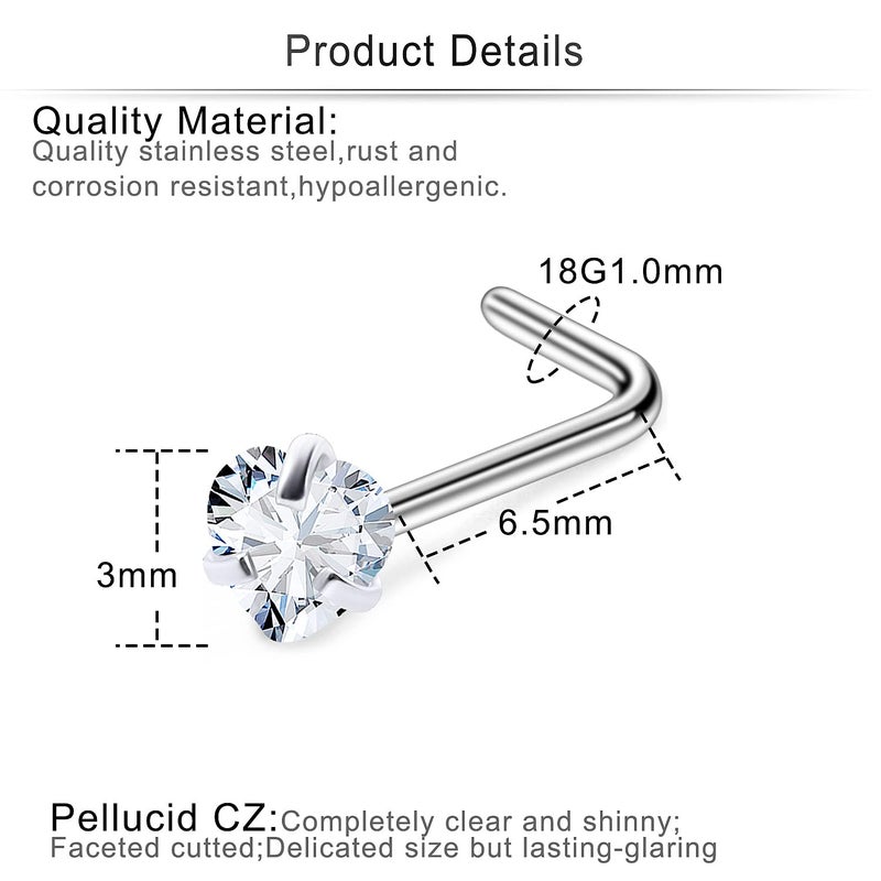 Cisyozi 18G Nose Rings Studs Piercing Jewelry for Women 18 Gauge Stainless Surgical Steel Opal Nose Stud Silver L Shaped Bend Hypoallergenic Nose Nostril Ring Stud Nose Piercing Jewelry Women Men 3mm - Image 5