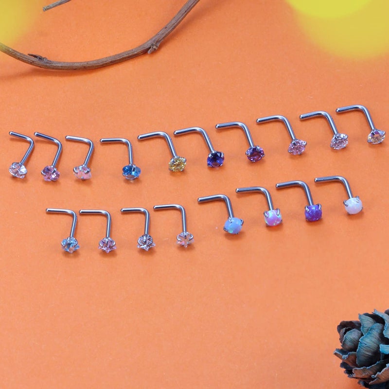 Cisyozi 18G Nose Rings Studs Piercing Jewelry for Women 18 Gauge Stainless Surgical Steel Opal Nose Stud Silver L Shaped Bend Hypoallergenic Nose Nostril Ring Stud Nose Piercing Jewelry Women Men 3mm - Image 3