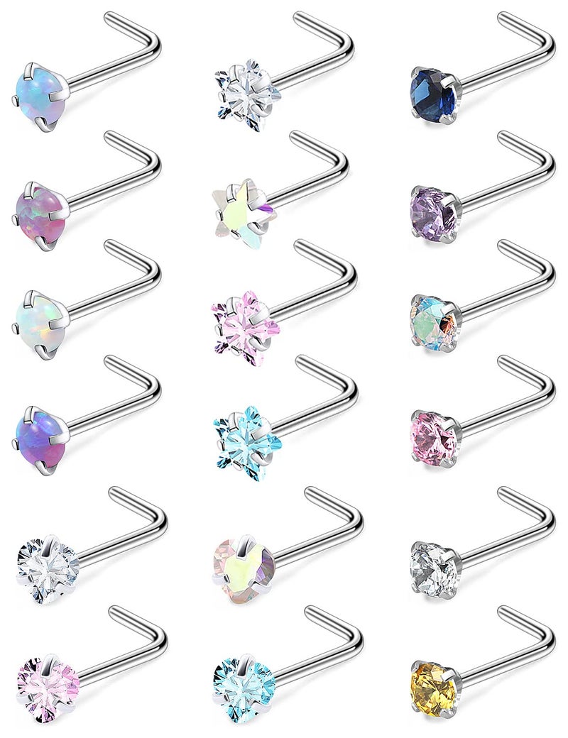 Cisyozi 18G Nose Rings Studs Piercing Jewelry for Women 18 Gauge Stainless Surgical Steel Opal Nose Stud Silver L Shaped Bend Hypoallergenic Nose Nostril Ring Stud Nose Piercing Jewelry Women Men 3mm - Image 1