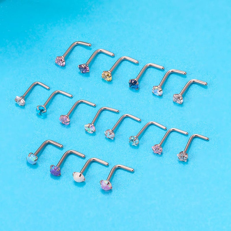 Cisyozi 18G Nose Rings Studs Piercing Jewelry for Women 18 Gauge Stainless Surgical Steel Opal Nose Stud Silver L Shaped Bend Hypoallergenic Nose Nostril Ring Stud Nose Piercing Jewelry Women Men 3mm - Image 2