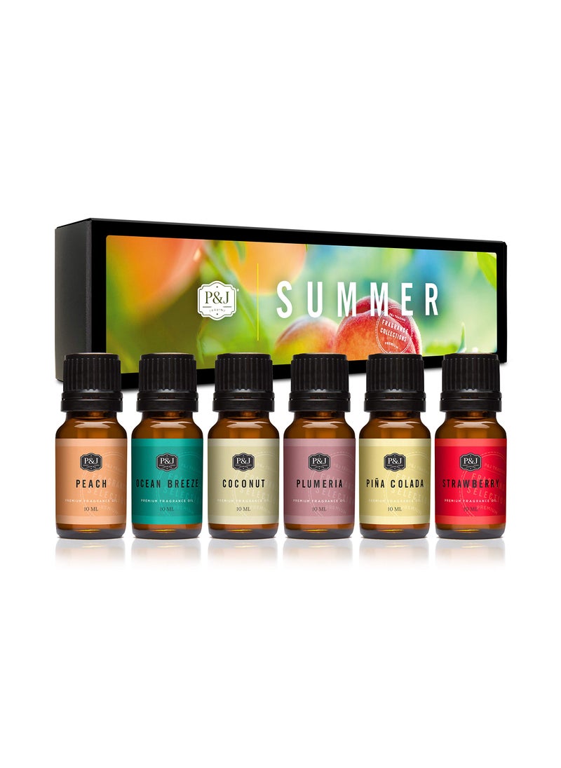 P&J Trading PJ Trading Summer Set of 6 Fragrance Oils  Peach Strawberry Plumeria Coconut Ocean Breeze Pina Colada Candle Scents Soapmaking Diffuser Oil 