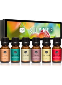 P&J Trading P&J Trading Summer Set of 6 Fragrance Oils - Peach, Strawberry, Plumeria, Coconut, Ocean Breeze, Pina Colada Candle Scents, Soapmaking, Diffuser Oil 