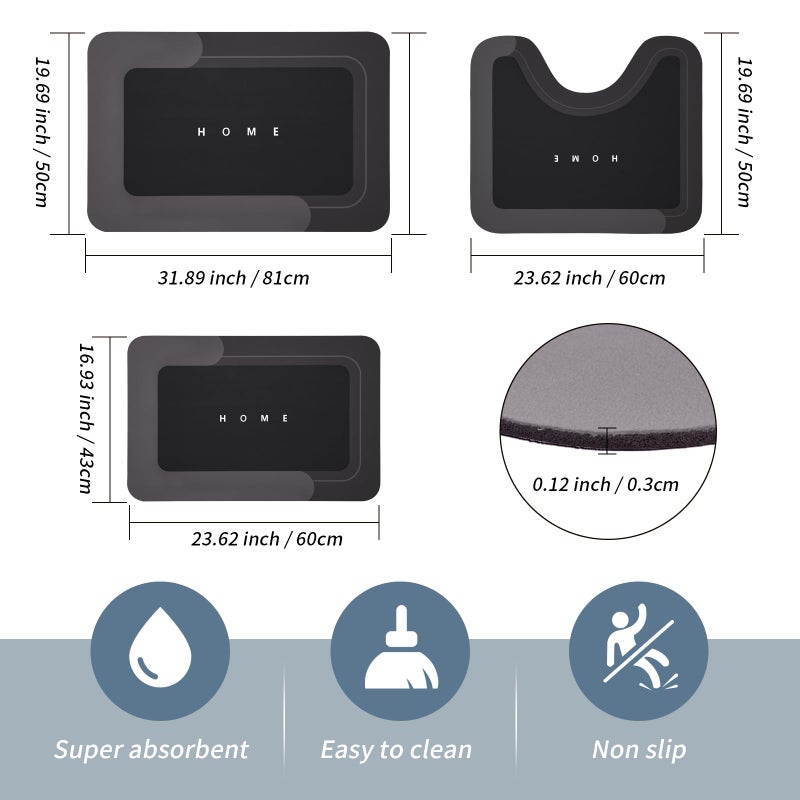 Housego 3PCS Absorbent Bath Mat Magic Rug Sets, Quick Drying Bath Mat Non-Slip Floor Rug Rubber Backed for Bathroom Kitchen Shower Sink (16.9''x23.6''+19.7''x23.6''+19.7''x31.9'', Black) - Image 2