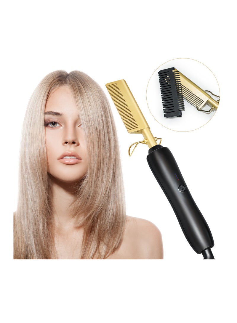 MS Hot Comb Hair Straightener,2in1 Ceramic Comb Security Portable Curling Iron Heated Brush Multifunctional Copper Hair Straightener Brush Straightening Comb Women Men Brush - Image 1