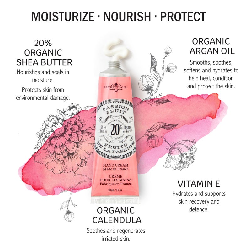 La Chatelaine 20% Shea Butter Hand Cream Travel Size, Organic Argan Oil, Moisturizing, Nourishing, Repairing, Extra-Rich Hand Lotion, Made in France, Paraben Free, 1 oz / 30ml (Passion Fruit) - Image 2