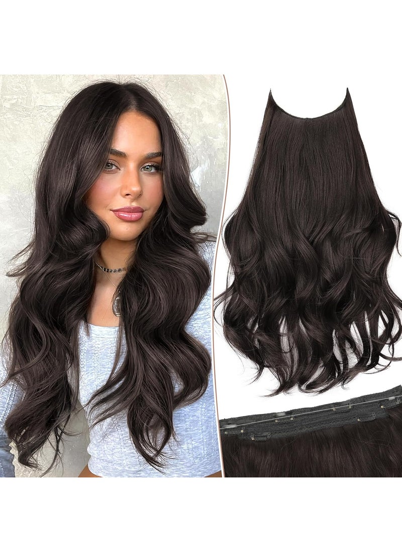 KooKaStyle KooKaStyle Invisible Wire Hair Extensions Long Wavy Layered Synthetic Clip in Hair Extensions with Transparent Wire Adjustable Size 6 Secure Clips Dark Brown Hairpieces for Women 20 Inch 