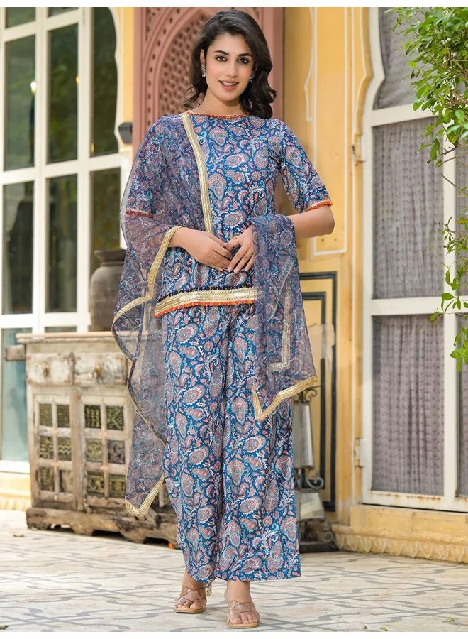 AKS AKS Couture Round Neck Floral Printed Straight Kurti with Palazzos & Dupatta