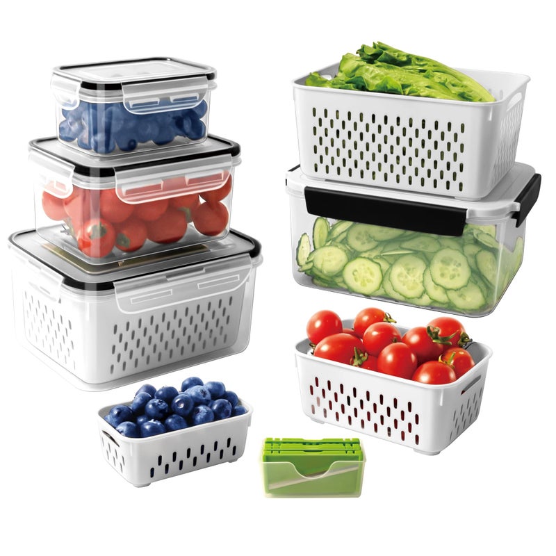 Freshmage 4 PCS Large Fruit storage Containers for Fridge with Removable Colanders, Leakproof Food Storage Containers with lids, Dishwasher & microwave safe Produce Containers to Keep Fruits Berry Fresh longer - Image 1