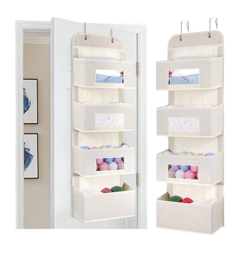 MAX Houser 4Shelf Over The Door Hanging Organizer with 2 Metal Hooks 4 Pocket SwingProof Behind Door Organizers with Clear Windows for Nursery Bathroom ClosetDormBaby Diapers Kids Toys Beige