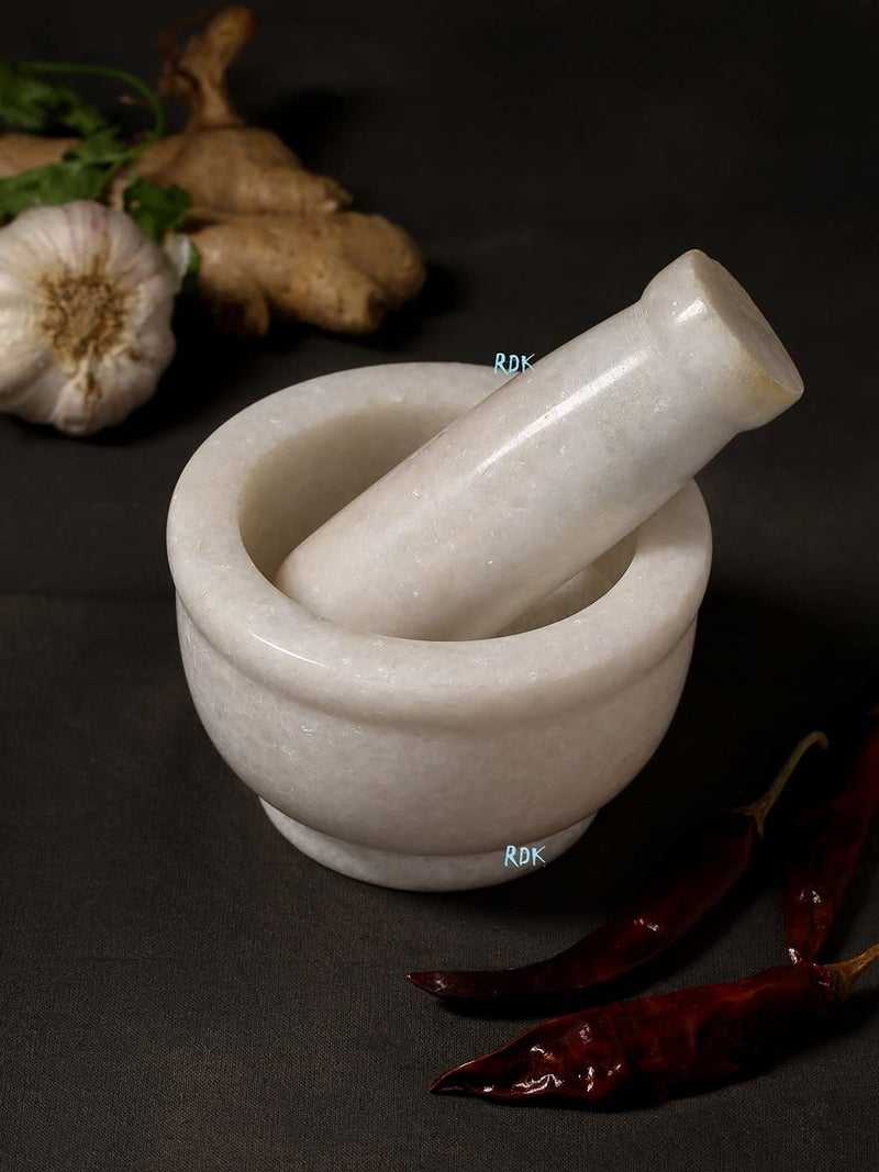 RDK® White Marble Mortar and Pestle Set Spice Mixer Grinder Set Khalbatta Okhli Kharal Masher Idi Kallu Khal Musal Imam Dasta For Kitchen - 4 x 4 x 2.5 Inch - Image 1