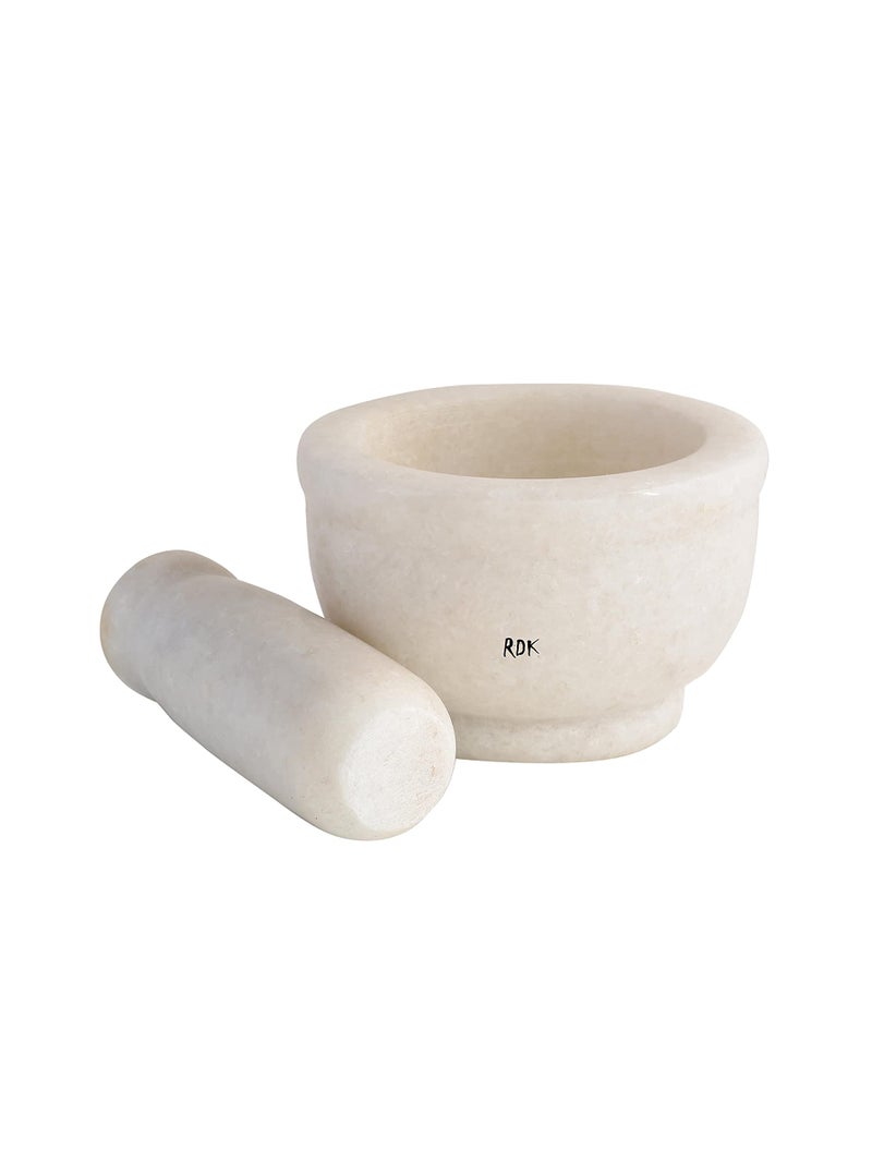 RDK® White Marble Mortar and Pestle Set Spice Mixer Grinder Set Khalbatta Okhli Kharal Masher Idi Kallu Khal Musal Imam Dasta For Kitchen - 4 x 4 x 2.5 Inch - Image 2