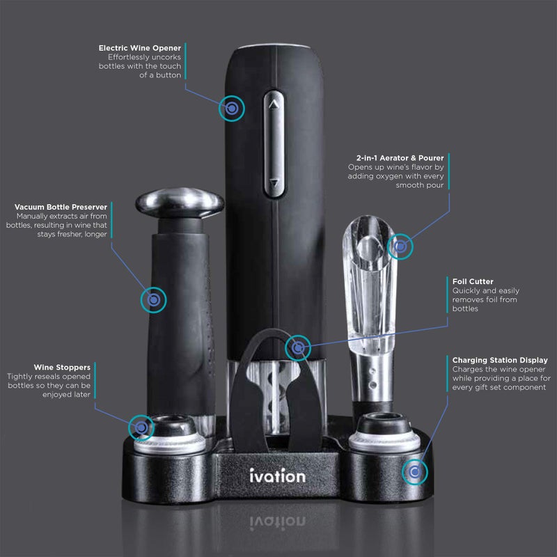 Ivation Ivation Wine Gift Set – Includes Electric Opener, Aerator, Vacuum Preserver, 2 Stoppers, Foil Cutter & Charging Base  - Image 3