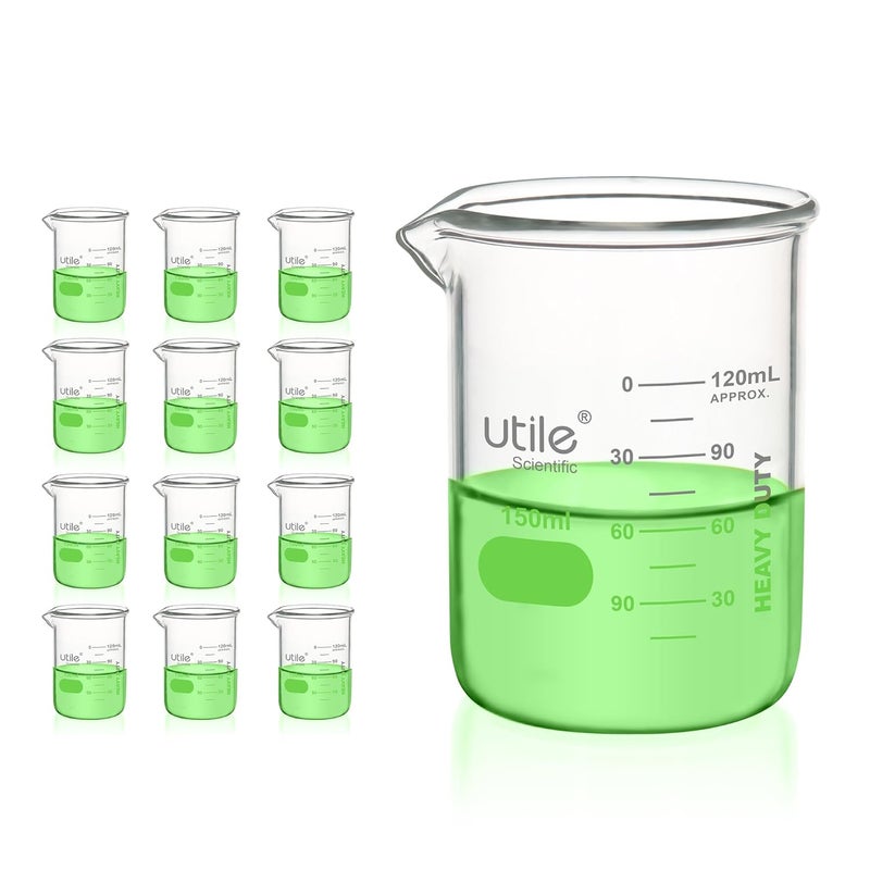 UTILE 150ml Beaker Set, 12pcs of 5.1oz Upgraded Thickening Grass Beakers, Low Form Chemical Lab Beakers, Borosilicate 3.3 Glass with Printed Graduation, 4000.0150.12 - Image 1