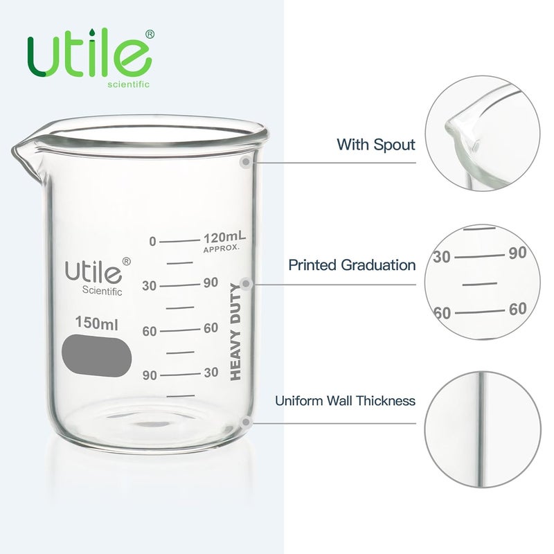 UTILE 150ml Beaker Set, 12pcs of 5.1oz Upgraded Thickening Grass Beakers, Low Form Chemical Lab Beakers, Borosilicate 3.3 Glass with Printed Graduation, 4000.0150.12 - Image 3