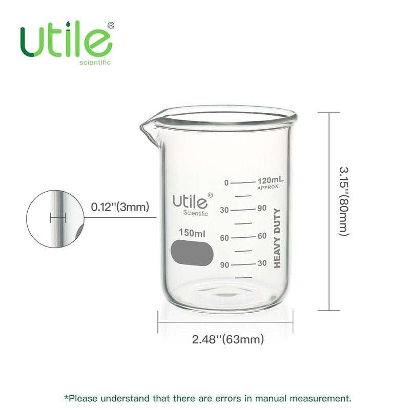UTILE 150ml Beaker Set, 12pcs of 5.1oz Upgraded Thickening Grass Beakers, Low Form Chemical Lab Beakers, Borosilicate 3.3 Glass with Printed Graduation, 4000.0150.12 - Image 2