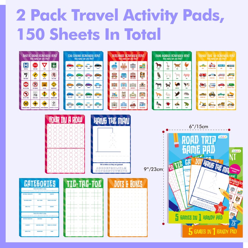 Gethelud 2 Pack Road Trip Game Pads, 10 Games (Categories, Dot & Boxes, Tic-tac-Toe, Scavenger Hunt Bingo), Pen Pencil Paper Game, Plane Trip/Car Travel/Getaway Activity Pad for Kid, Adult - Image 2