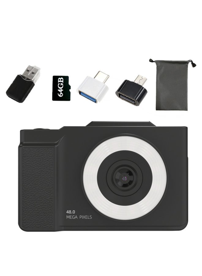 Generic 6400W HD Flip Screen Micro Single Digital Camera Card Machine Shooting Camera Student Entry Level CCD Camera-Body Color:Black (flip Screen) + 64g Memory Card + Card Reader + 2 Conversion Heads + Bag  - Image 1