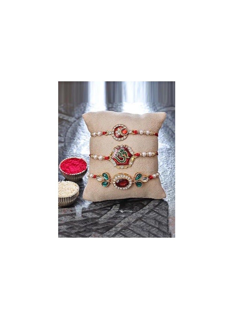 Sukkhi Rakhi Modish Kundan Rakhi Combo & Designer Gold Plated Premium Rakhi for Brother, Roli Chawal & Greeting Card|Rakhi for Bhaiya|Rakhi for MEN|Kundan Rakhi|Rakhi Combo-Set of 3 - Image 3