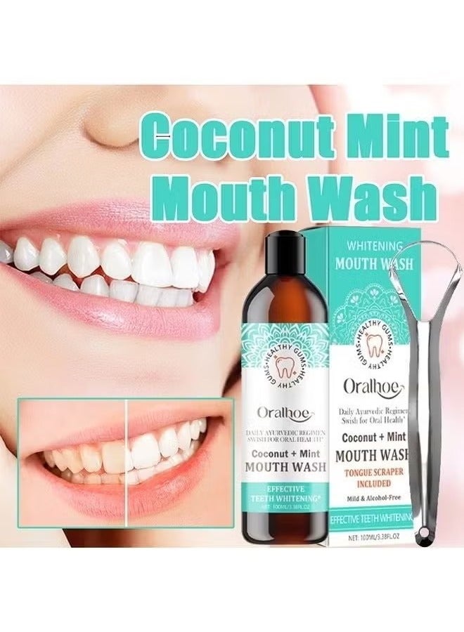 ORALHOE Whitening Mouth Wash,Coconut & Peppermint Oil with Tongue Scraper Inside the Box - Natural, Alcohol Free Mouthwash to Help With Fresh Breath, Teeth Whitening and Healthier Teeth & Gums 100ml - Image 1