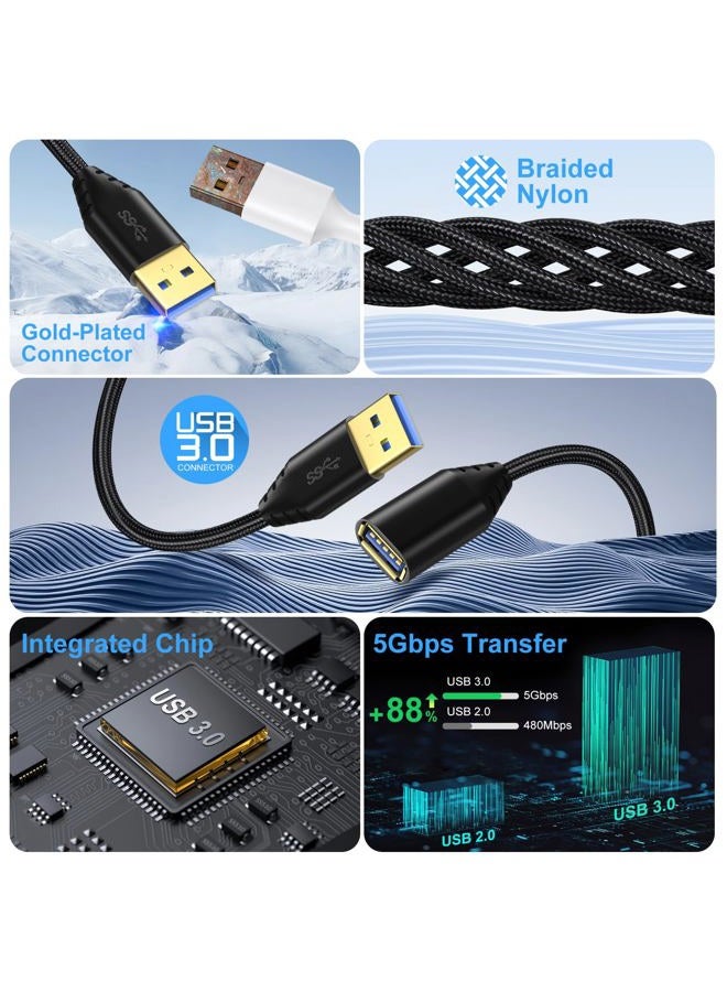 Besgoods كابل تمديد USB 3.0، 4 حزمة [6 قدم] USB A ذكر إلى أنثى كابل موسع مضفر 5Gbps لنقل البيانات السريع لمحرك الأقراص، لوحة المفاتيح، الفأرة، كاميرا الويب، محرك USB، الطابعة - أسود - Image 2