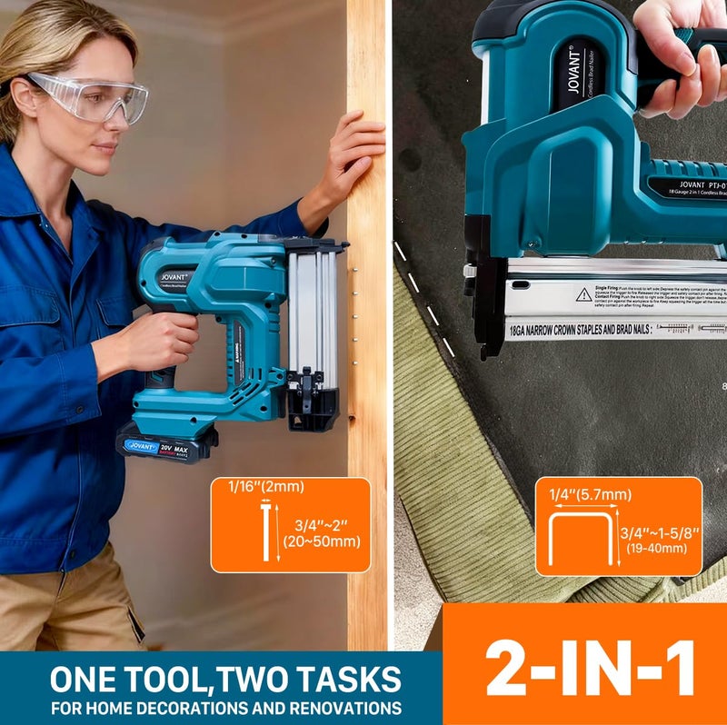 jovant Brad Nailer Electric, 18 Gauge Brad Nail Gun, 2-in-1 Brad Nailer with 800pcs Nails&Staples, Nail Gun with 2Ã—2.0Ah Batteries, for Woodworking, Home Improvement JOVANT - Image 2