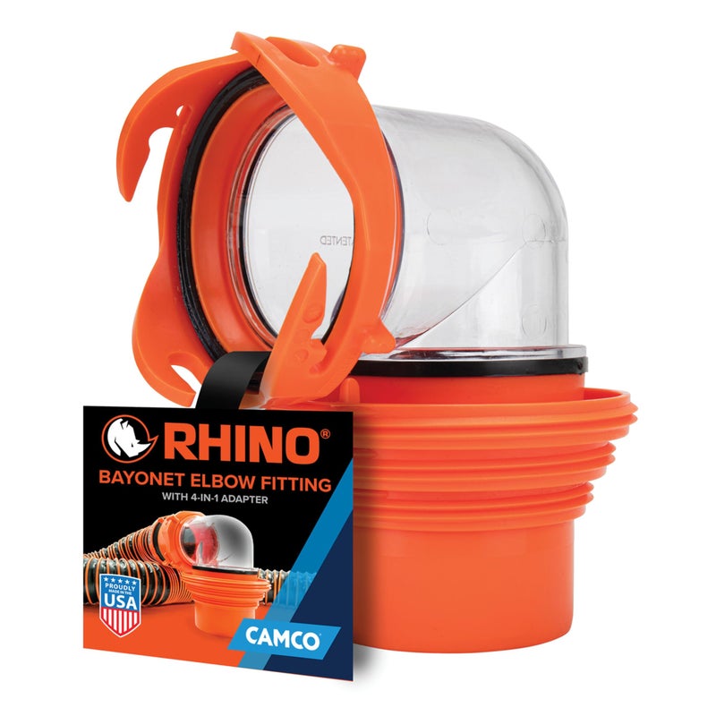 Camco RhinoFlex Clear RV Sewer Hose Elbow with 4-in-1 Adapter - Features a 360-Degree Fitting Rotation and Built-in Gasket for Odor-Tight Protection - Fits 4 Sizes of Dump Station Inlets (39736) - Image 1