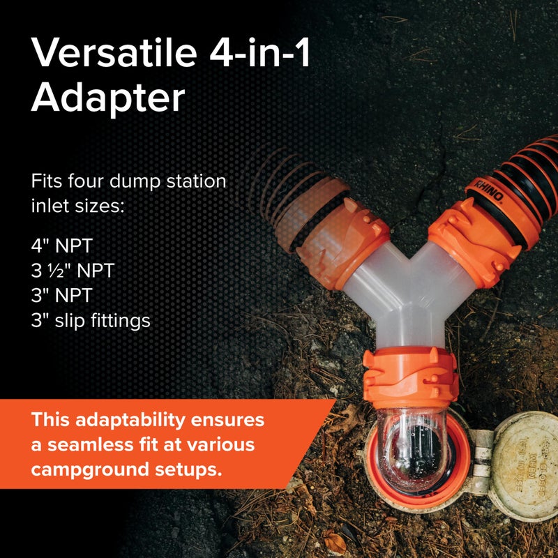 Camco RhinoFlex Clear RV Sewer Hose Elbow with 4-in-1 Adapter - Features a 360-Degree Fitting Rotation and Built-in Gasket for Odor-Tight Protection - Fits 4 Sizes of Dump Station Inlets (39736) - Image 4