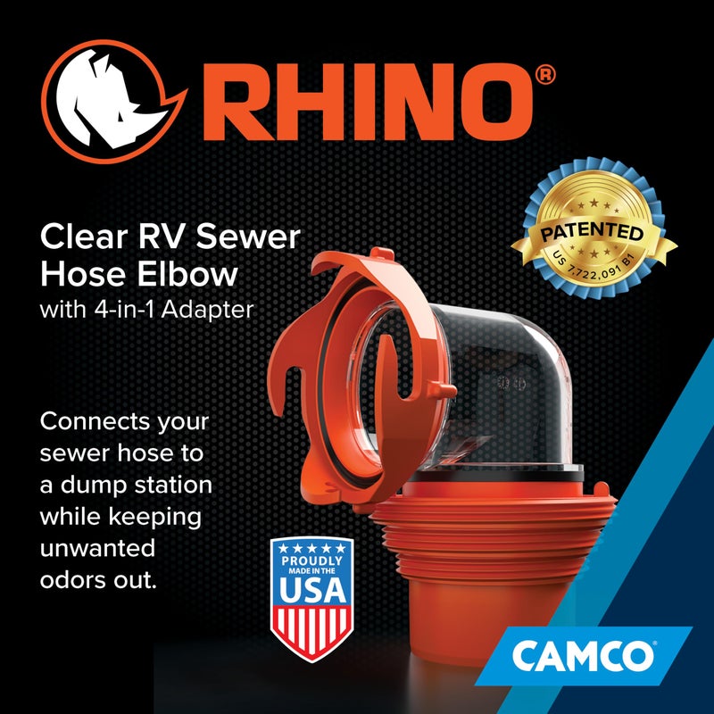 Camco RhinoFlex Clear RV Sewer Hose Elbow with 4-in-1 Adapter - Features a 360-Degree Fitting Rotation and Built-in Gasket for Odor-Tight Protection - Fits 4 Sizes of Dump Station Inlets (39736) - Image 2