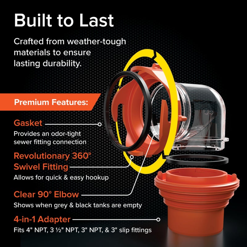 Camco RhinoFlex Clear RV Sewer Hose Elbow with 4-in-1 Adapter - Features a 360-Degree Fitting Rotation and Built-in Gasket for Odor-Tight Protection - Fits 4 Sizes of Dump Station Inlets (39736) - Image 5
