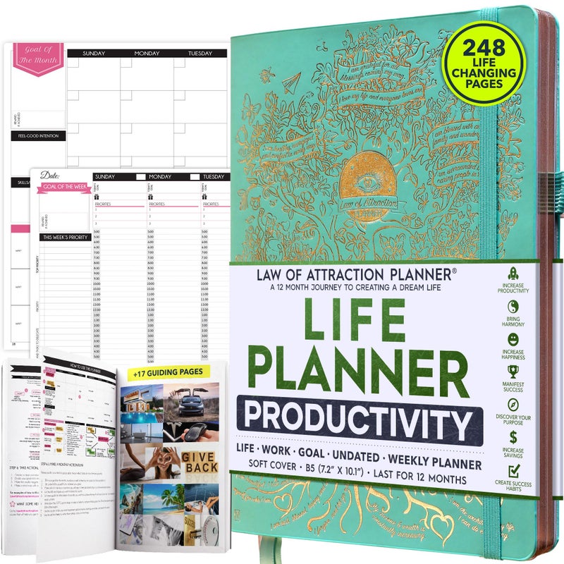 Law of Attraction Planner Undated Hourly Weekly Monthly Goal Setting Planner 12Month to Increase Productivity Life Gratitude Journal Include Foldable Vision Board Gift Box Stickers