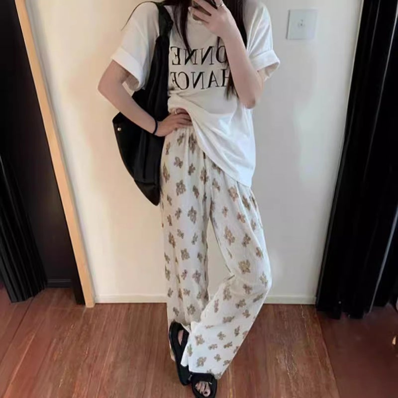 Summer Thin Forest Style Drapedy Lazy Cool Seaside Beach Sports Casual Wide Leg Pants Ice Silk Bear Pants for Women White bear pants 317 