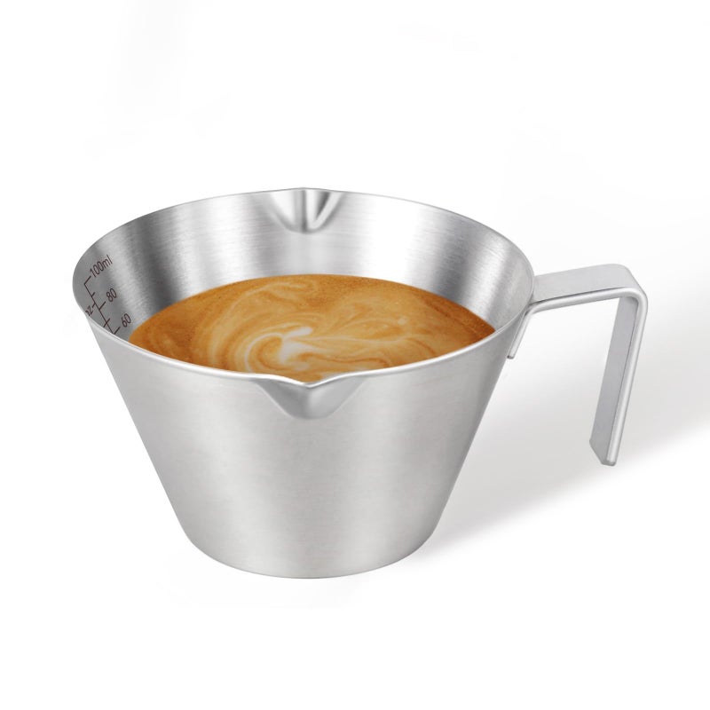 ‎YARRAMATE YARRAMATE Espresso Cup with Handle, Stainless Steel Espresso Accessories, Double Spout Metal Measuring Cup with Dual Scale, Espresso Shot pitcher with V-Shaped Mouth, 3.4OZ/100ML - Image 1