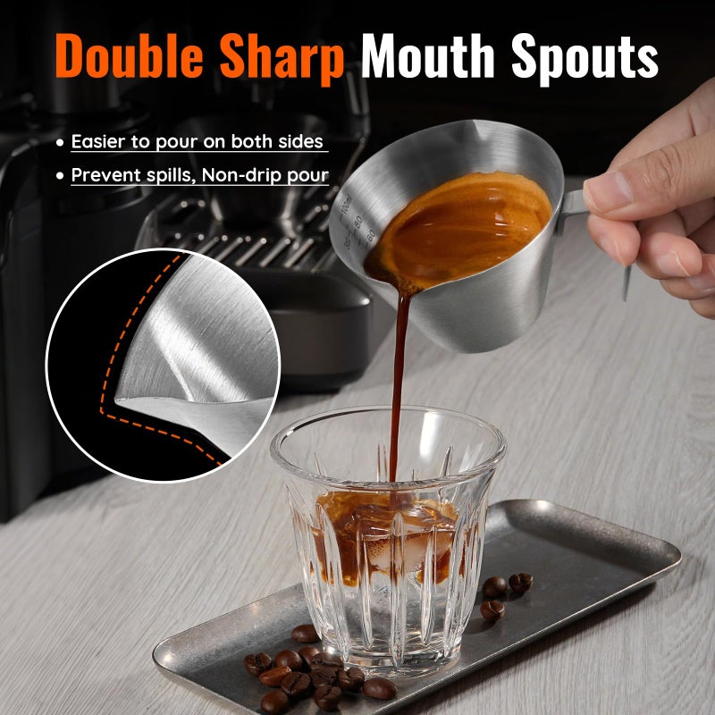 ‎YARRAMATE YARRAMATE Espresso Cup with Handle, Stainless Steel Espresso Accessories, Double Spout Metal Measuring Cup with Dual Scale, Espresso Shot pitcher with V-Shaped Mouth, 3.4OZ/100ML - Image 4