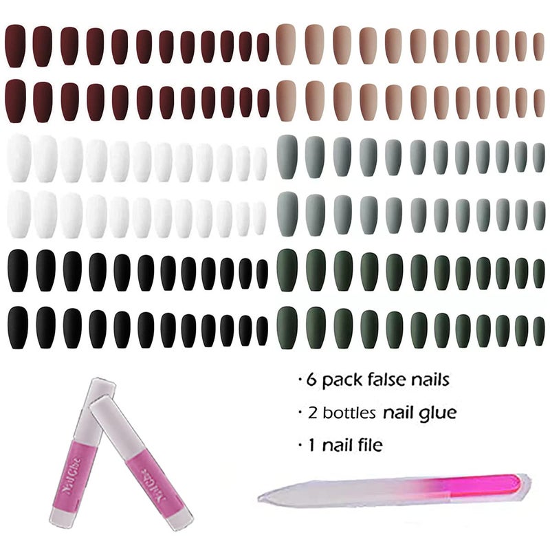 Misssix 6 Packs (144 Pcs) Matte Coffin Press on Nails Medium Length, Acrylic Short False Nails Full Cover Set Artificial Nails Fake Solid Color with Glue Nail File for Women - Image 2